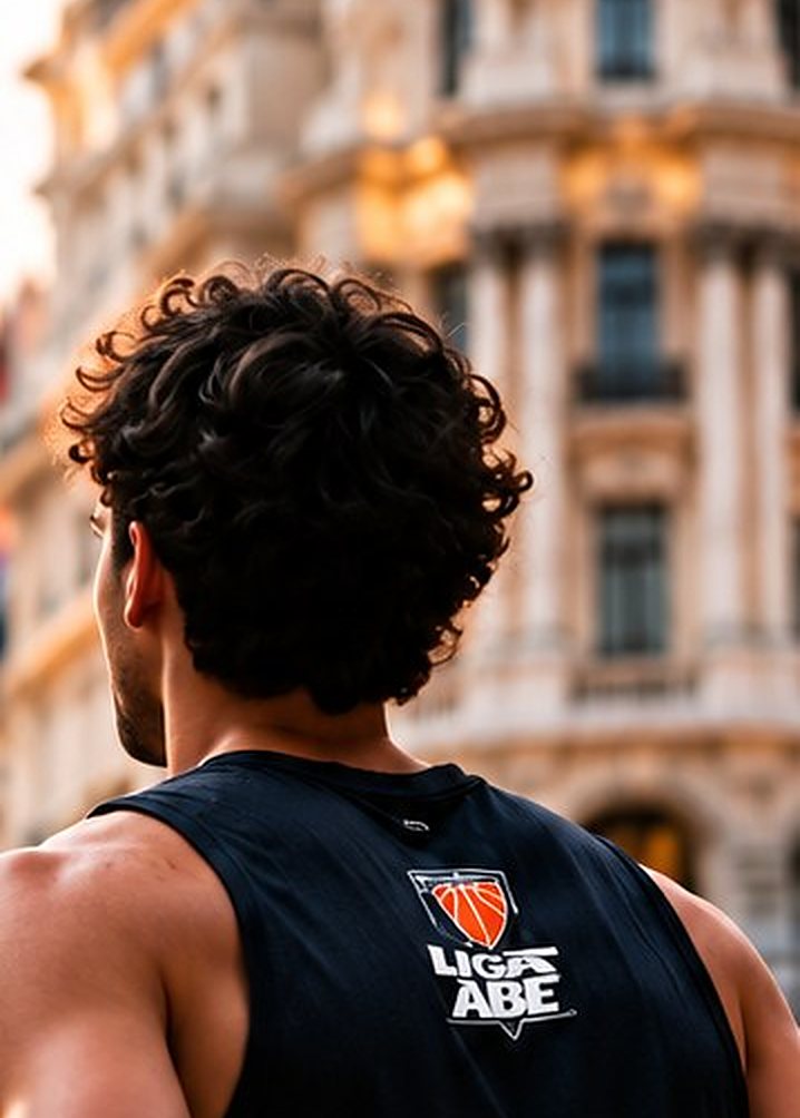 Jugador de baloncesto de espaldas mirando un edificio histórico de Madrid